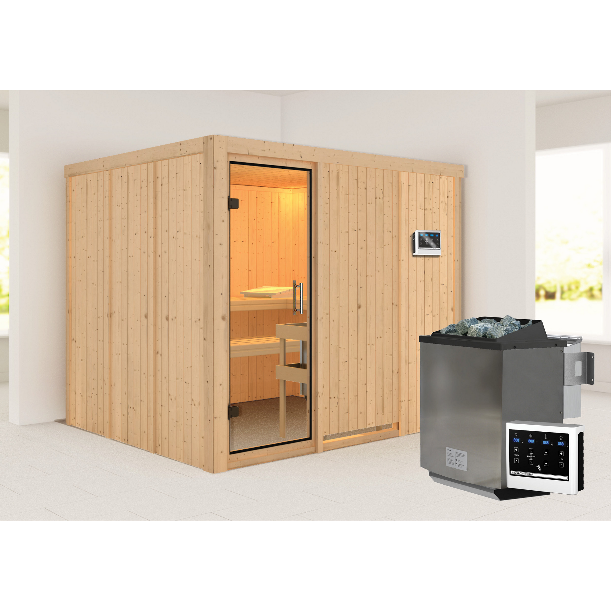 Elementsauna 'Alisa' naturbelassen mit Klarglastür 9 kW Bio-Ofen externe Steuerung easy 231 x 196 x 198 cm