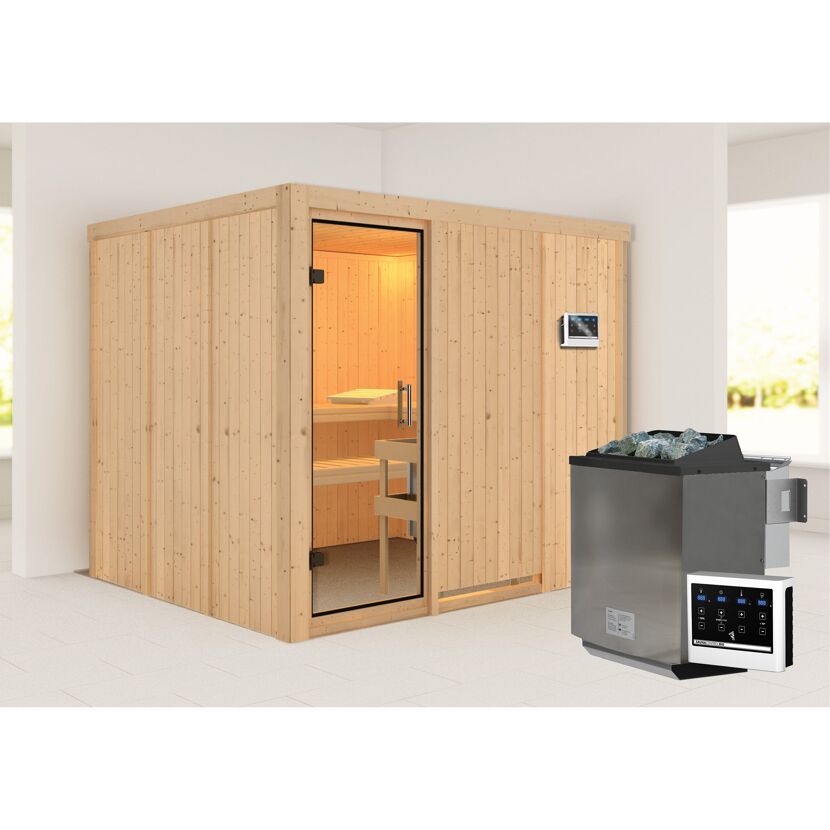Sauna aus hellem Holz mit Saunaofen