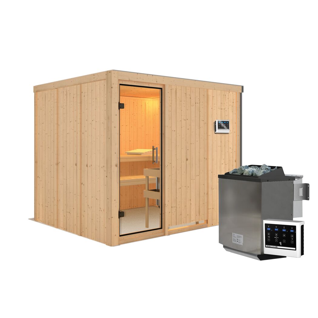 Außenansicht einer Sauna aus hellem Holz mit Saunaofen