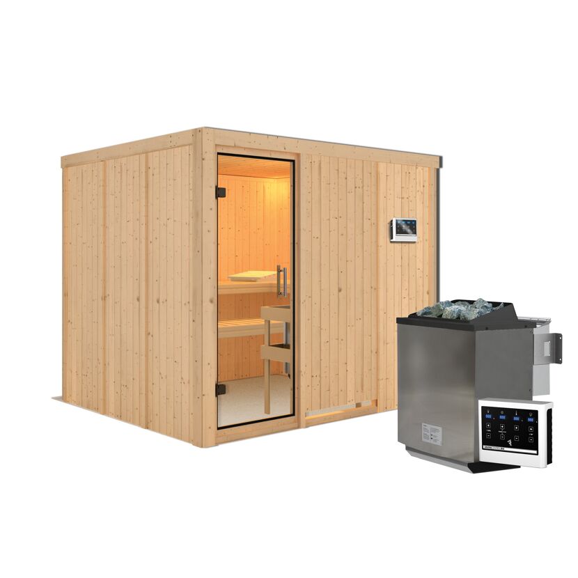 Außenansicht einer Sauna aus hellem Holz mit Saunaofen