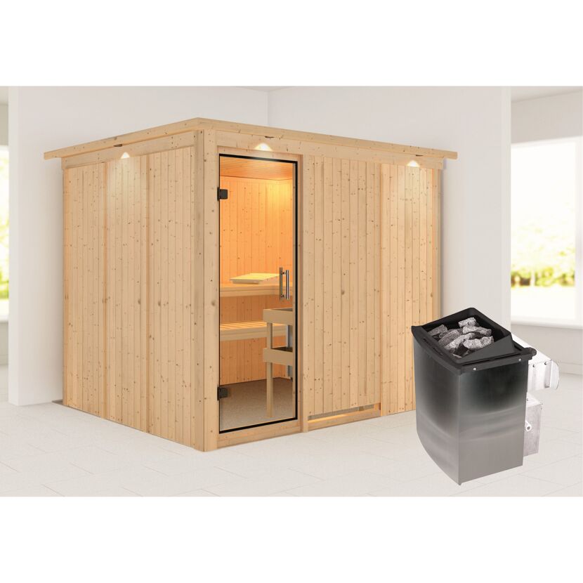 Elementsauna 'Alisa' naturbelassen mit Kranz und Klarglastür 9 kW Ofen integrierte Steuerung 245 x 210 x 202 cm