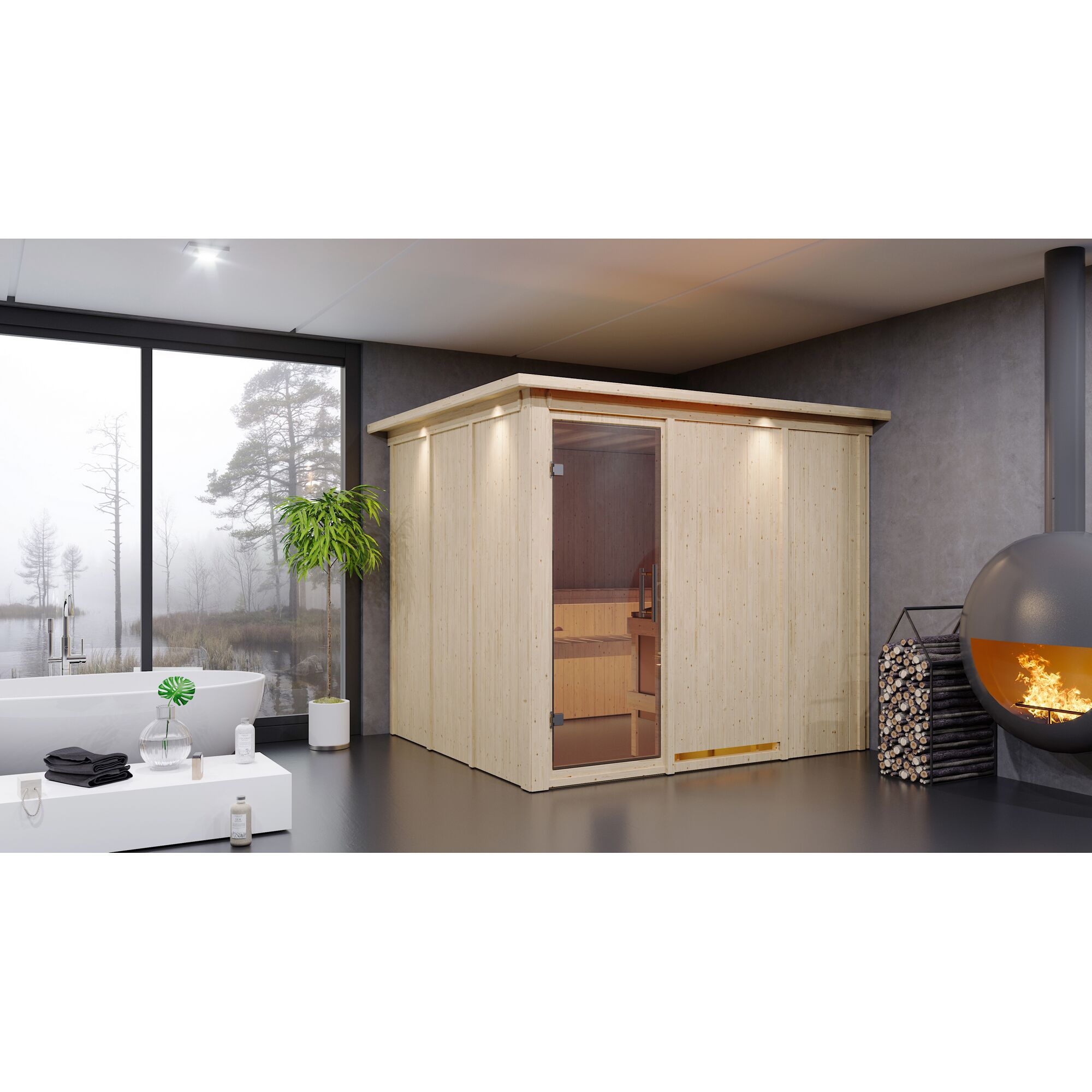 Sauna aus hellem Holz in einem modernen Badezimmer.
