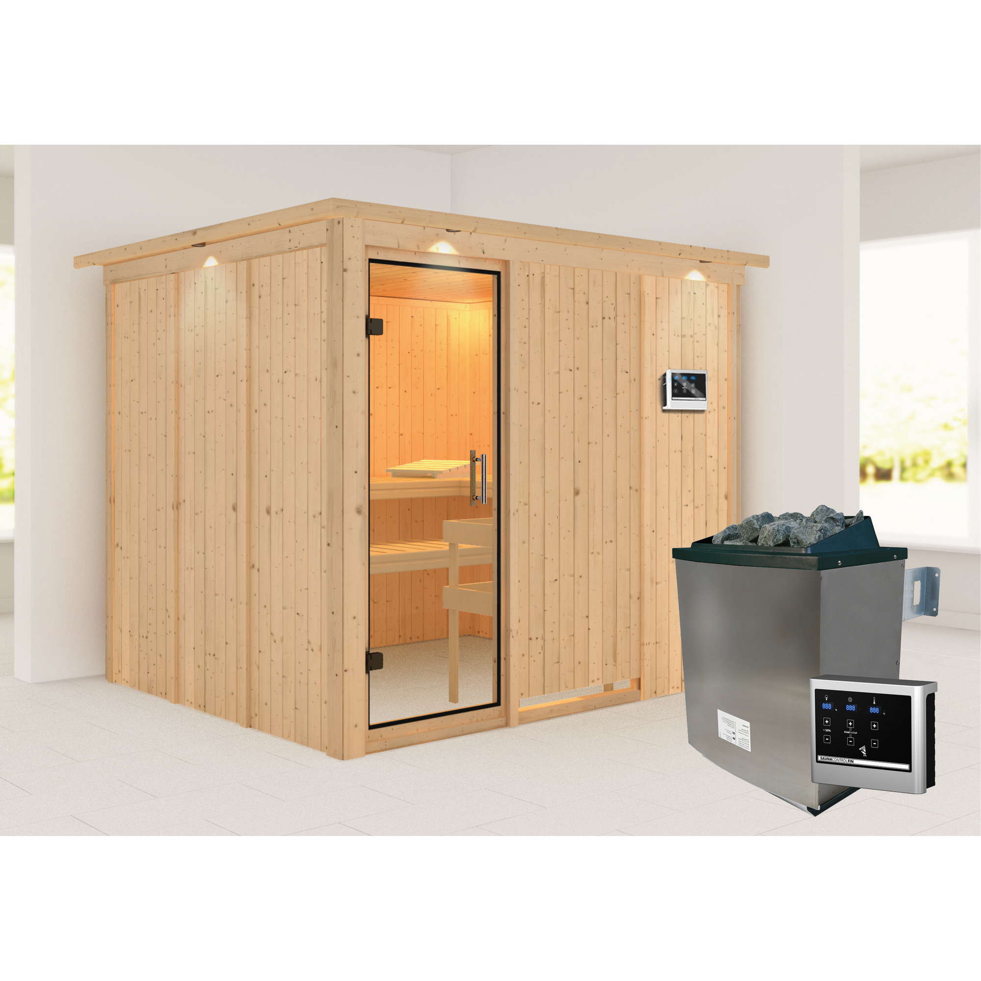Elementsauna 'Alisa' naturbelassen mit Kranz und Klarglastür 9 kW Ofen externe Steuerung easy 245 x 210 x 202 cm