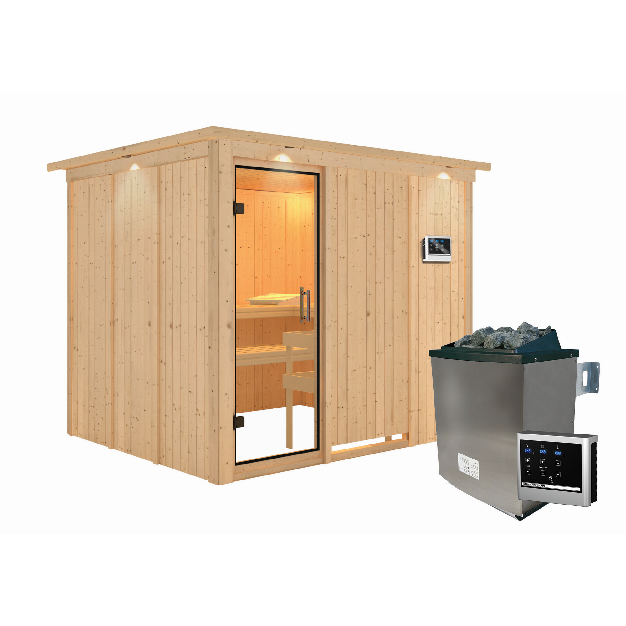 Elementsauna 'Alisa' naturbelassen mit Kranz und Klarglastür 9 kW Ofen externe Steuerung easy 245 x 210 x 202 cm
