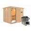 Sauna aus hellem Holz mit Saunaofen