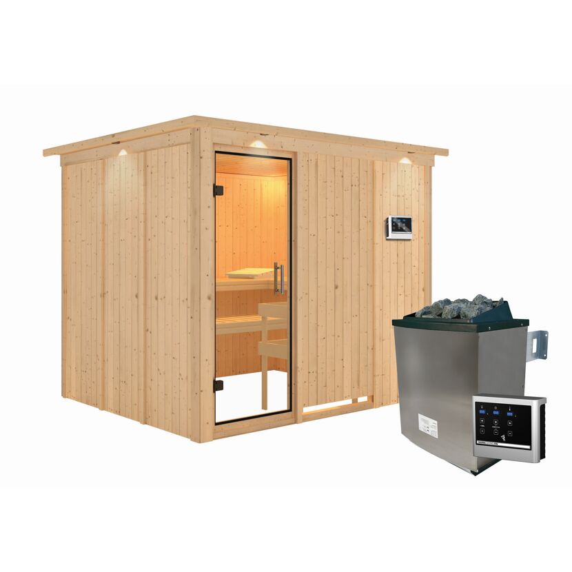 Sauna aus hellem Holz mit Saunaofen