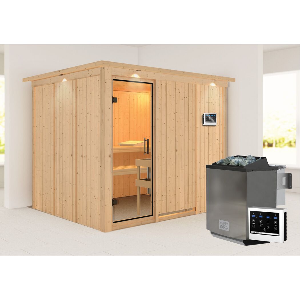 Elementsauna 'Alisa' naturbelassen mit Kranz und Klarglastür 9 kW Bio-Ofen externe Steuerung easy 245 x 210 x 202 cm