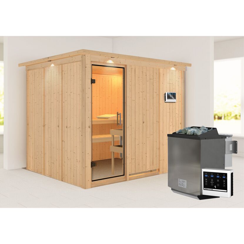 Elementsauna 'Alisa' naturbelassen mit Kranz und Klarglastür 9 kW Bio-Ofen externe Steuerung easy 245 x 210 x 202 cm