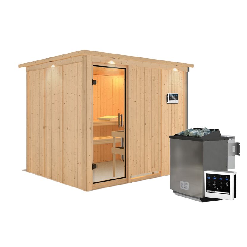 Elementsauna 'Alisa' naturbelassen mit Kranz und Klarglastür 9 kW Bio-Ofen externe Steuerung easy 245 x 210 x 202 cm