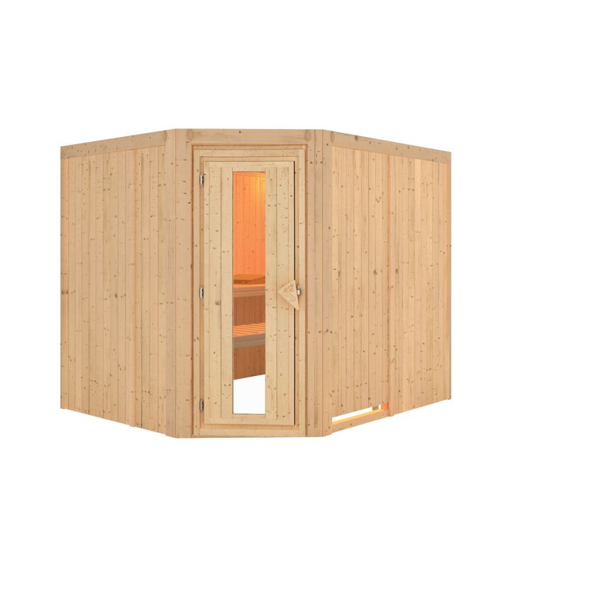 Eck-Sauna aus hellem Holz mit geöffneter Tür.
