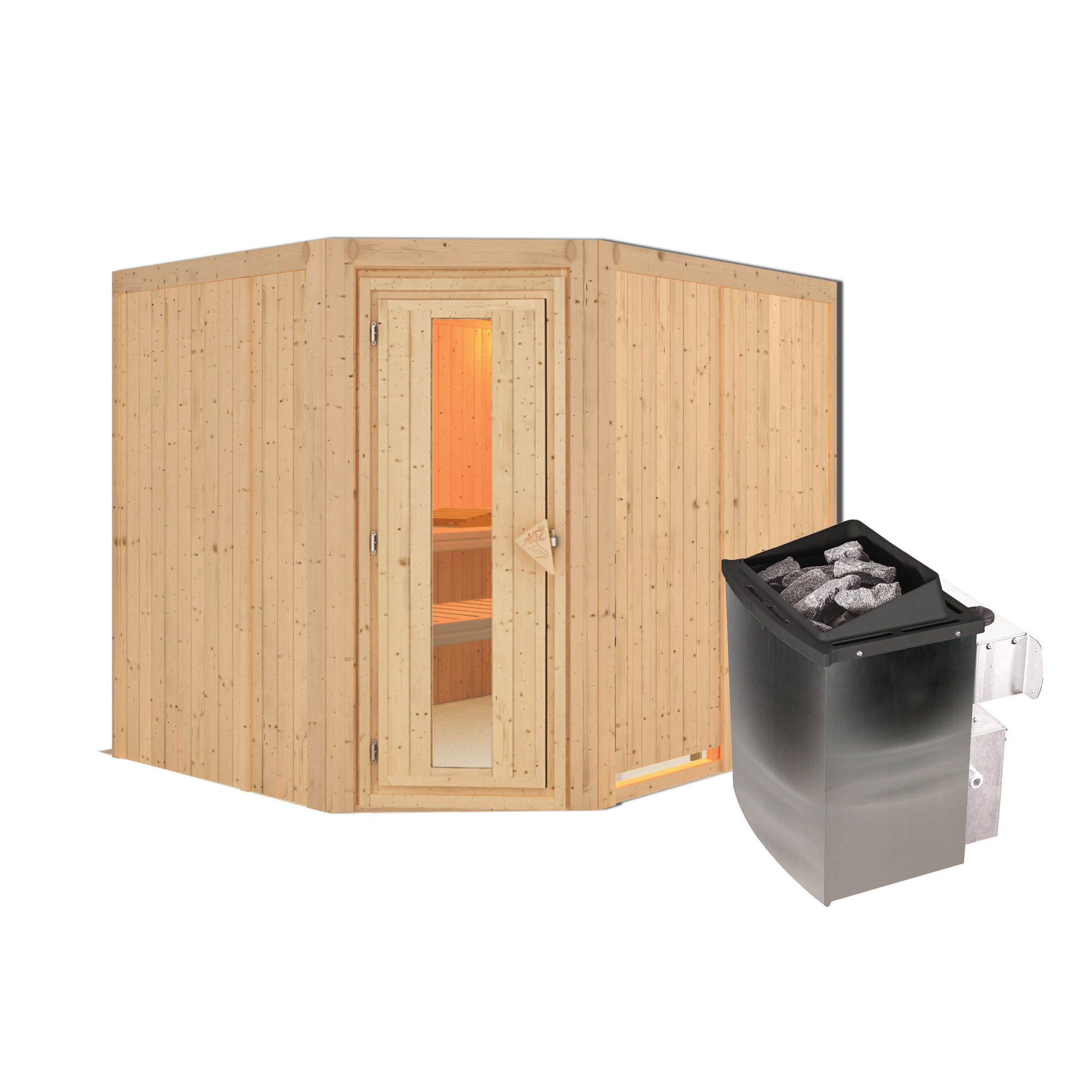 Elementsauna 'Alma' naturbelassen mit Energiespartür Tür 9 kW Ofen integrierte Steuerung 231 x 196 x 198 cm