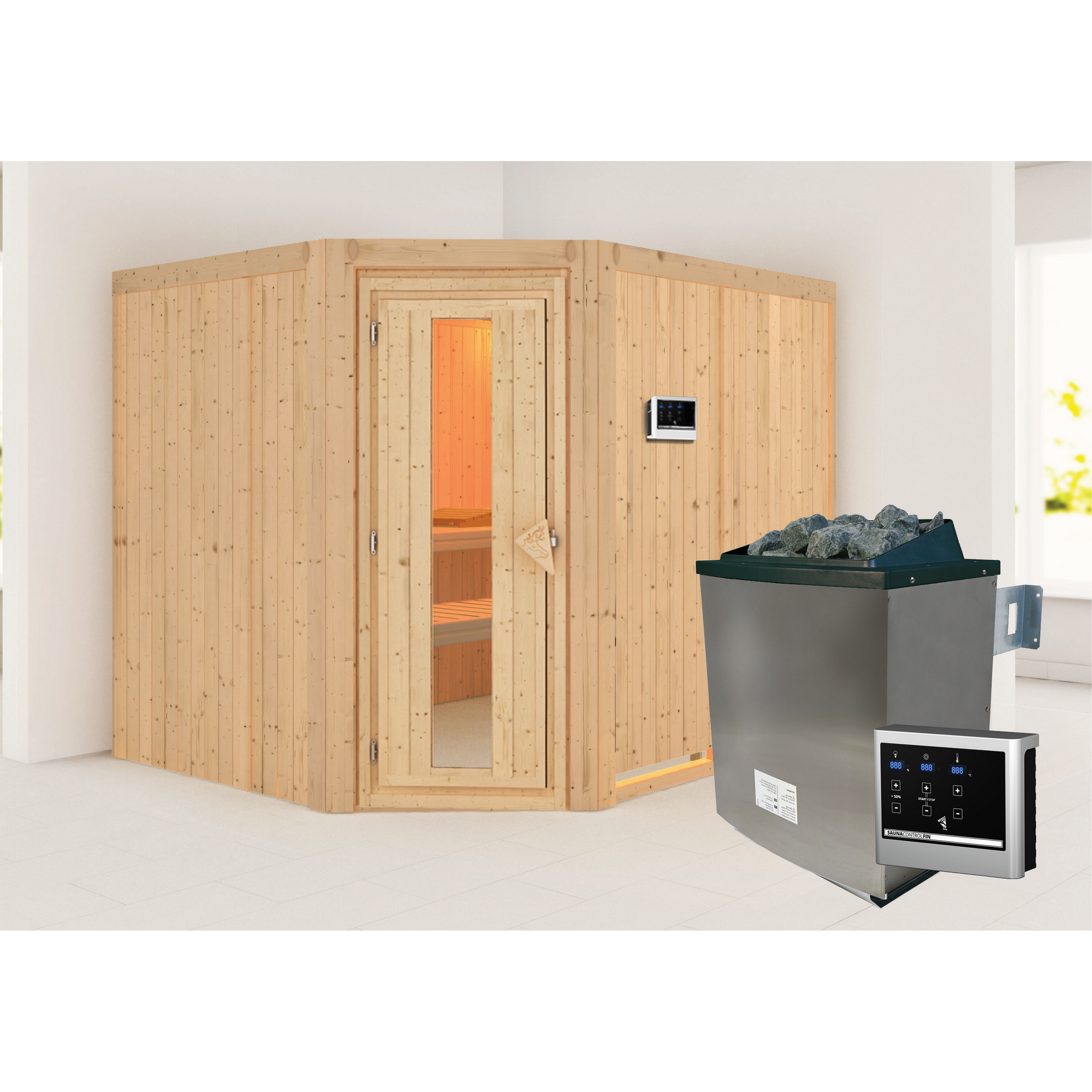 Elementsauna 'Alma' naturbelassen mit Energiespartür Tür 9 kW Ofen externe Steuerung Easy 231 x 196 x 198 cm