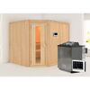 Ecksauna aus hellem Holz mit Saunaofen