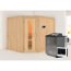 Ecksauna aus hellem Holz mit Saunaofen