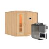 Ecksauna aus hellem Holz mit Saunaofen