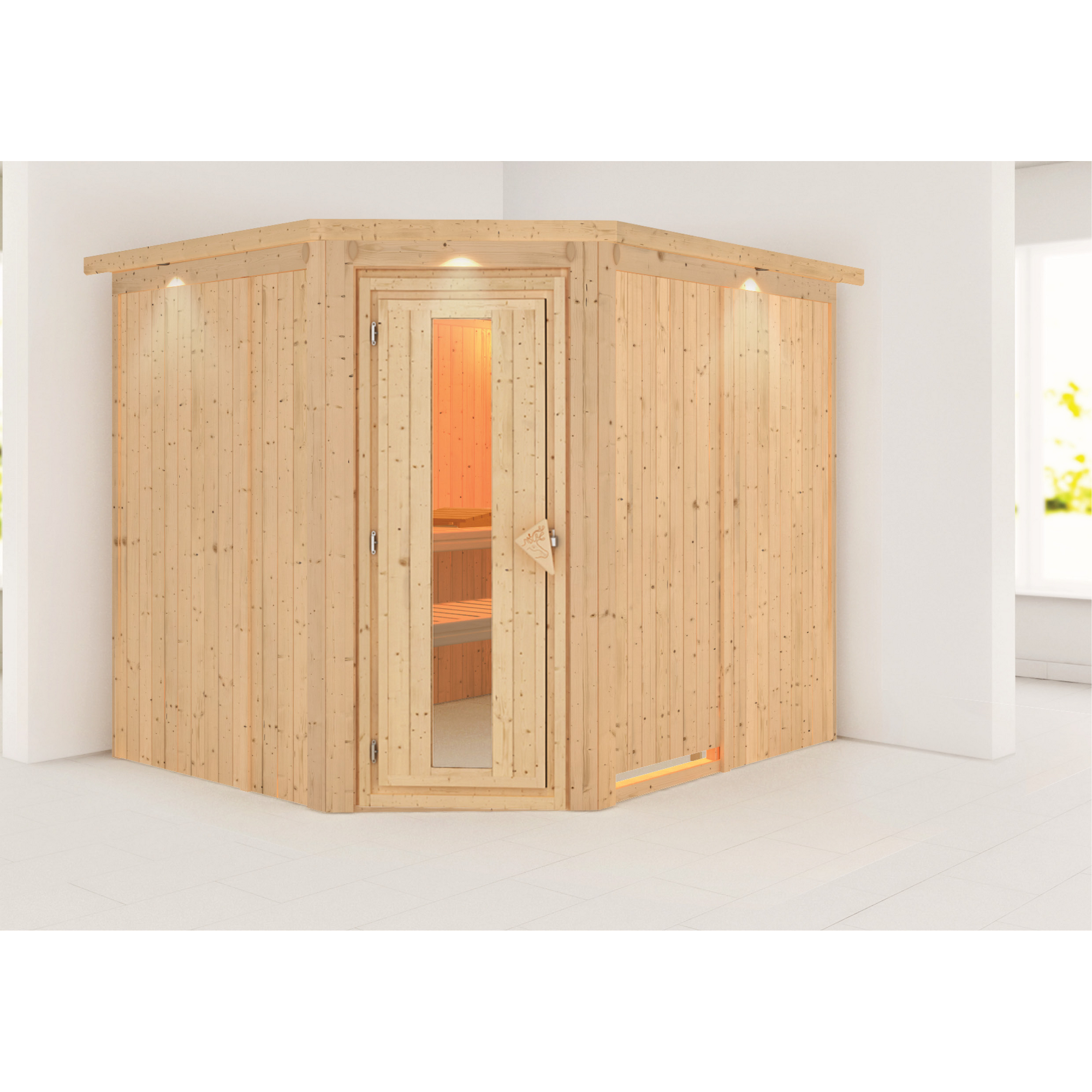 Elementsauna 'Alma' naturbelassen mit Kranz und Energiespartür 245 x 210 x 202 cm