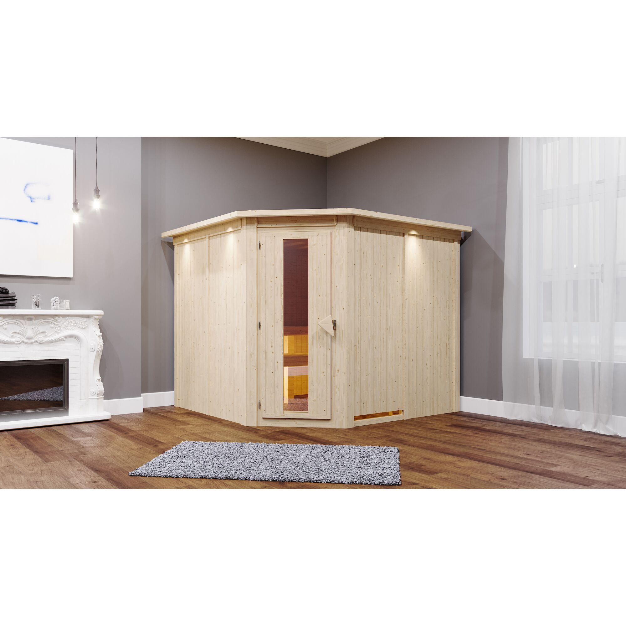Ecksauna aus hellem Holz in einem Wohnzimmer.