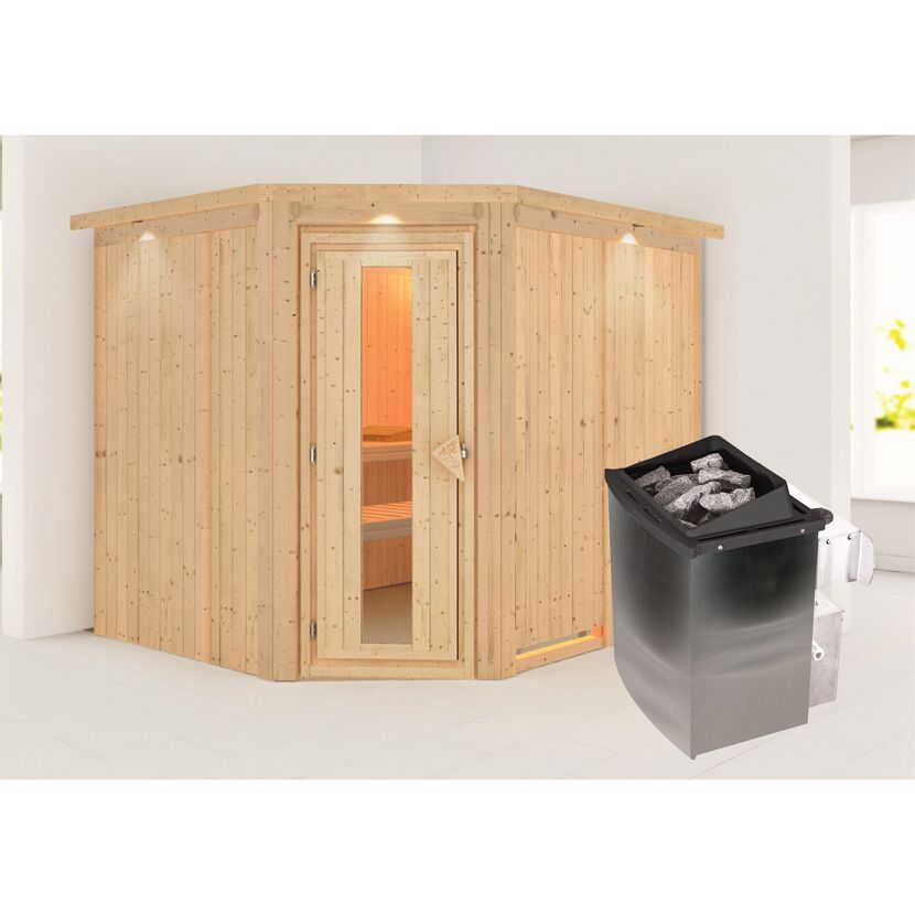 Ecksauna aus Holz mit Saunaofen