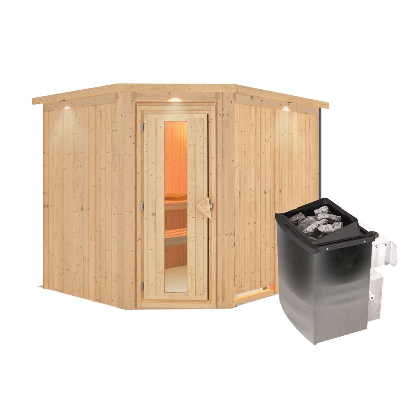 Außensauna aus Holz mit Saunaofen