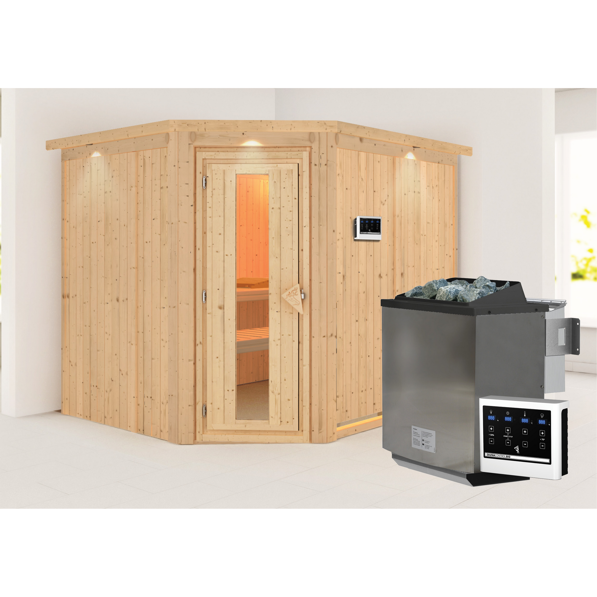 Ecksauna aus Holz mit Saunaofen und Steuerung