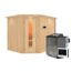 Ecksauna aus Holz mit Saunaofen