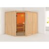 Ecksauna aus Holz mit offener Glastür