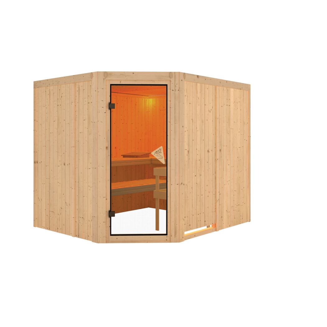 Ecksauna aus Holz mit offener Tür.