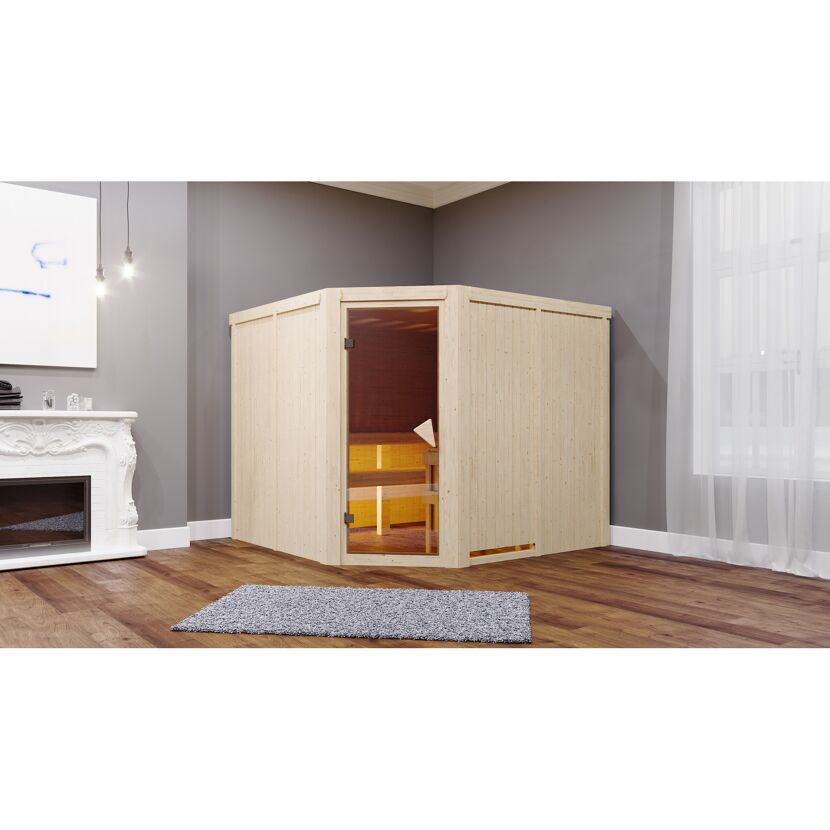 Elementsauna 'Alma' naturbelassen 9 kW Ofen integrierte Steuerung 231 x 196 x 198 cm