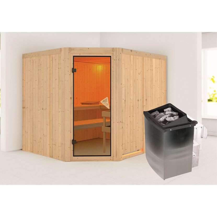 Elementsauna 'Alma' naturbelassen 9 kW Ofen integrierte Steuerung 231 x 196 x 198 cm