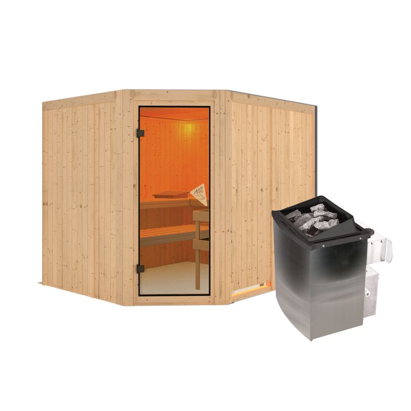 Elementsauna 'Alma' naturbelassen 9 kW Ofen integrierte Steuerung 231 x 196 x 198 cm