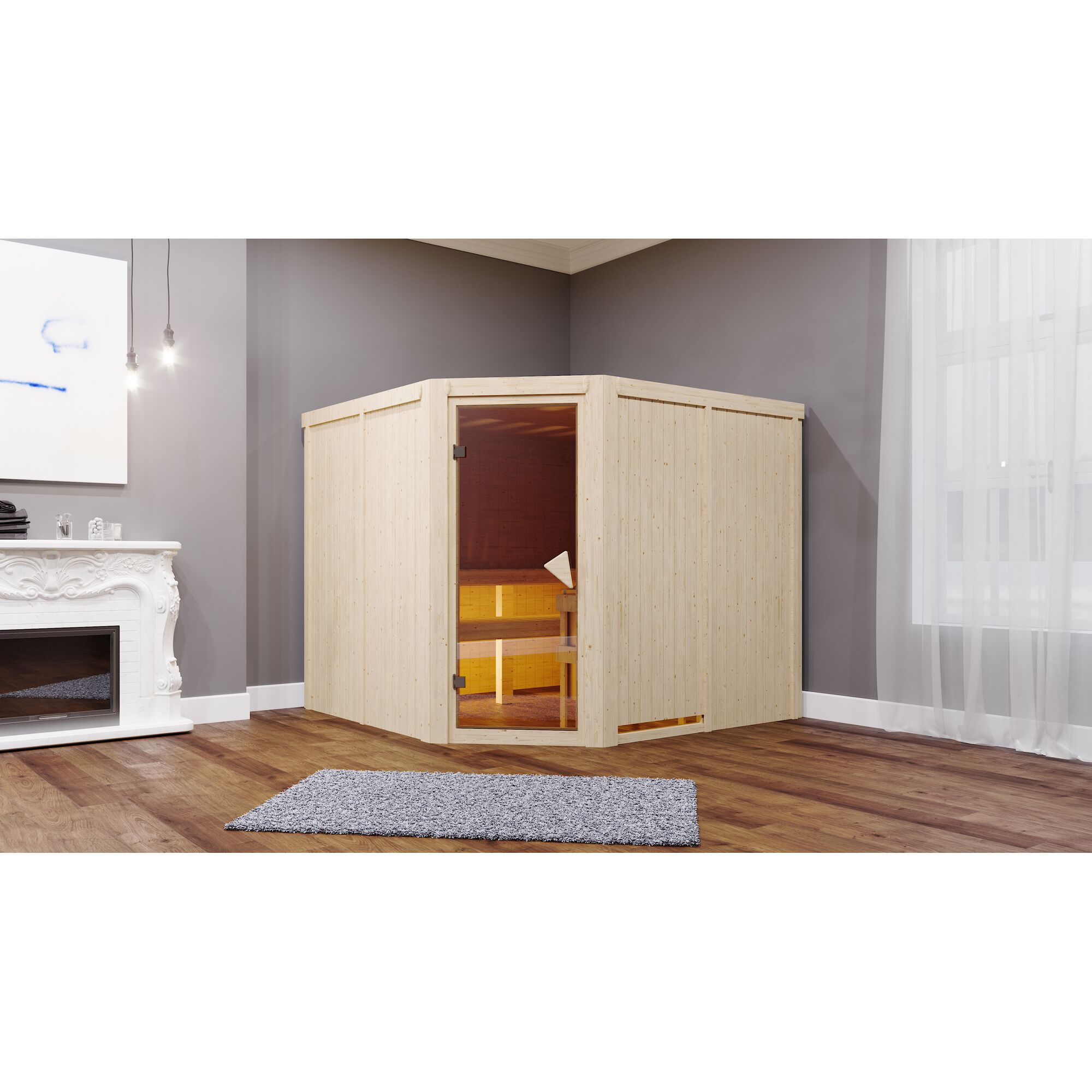 Eck-Sauna aus hellem Holz in einem Raum.