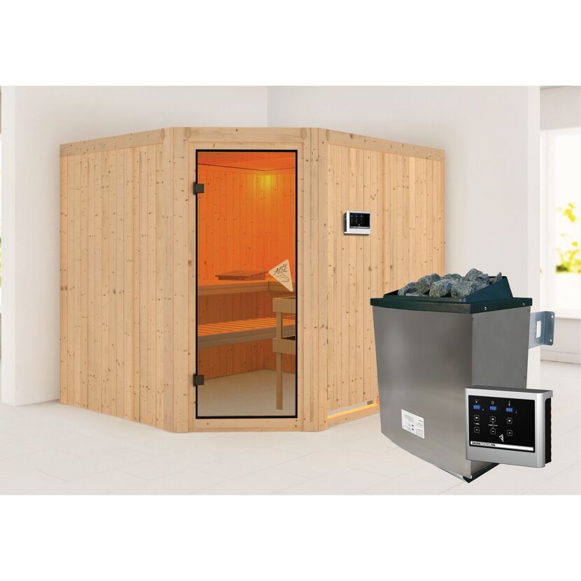 Ecksauna aus Holz mit Saunaofen