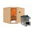 Ecksauna aus hellem Holz mit Saunaofen