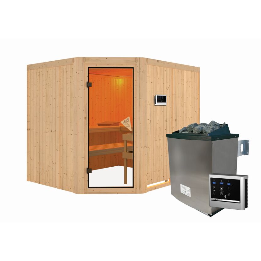 Ecksauna aus hellem Holz mit Saunaofen