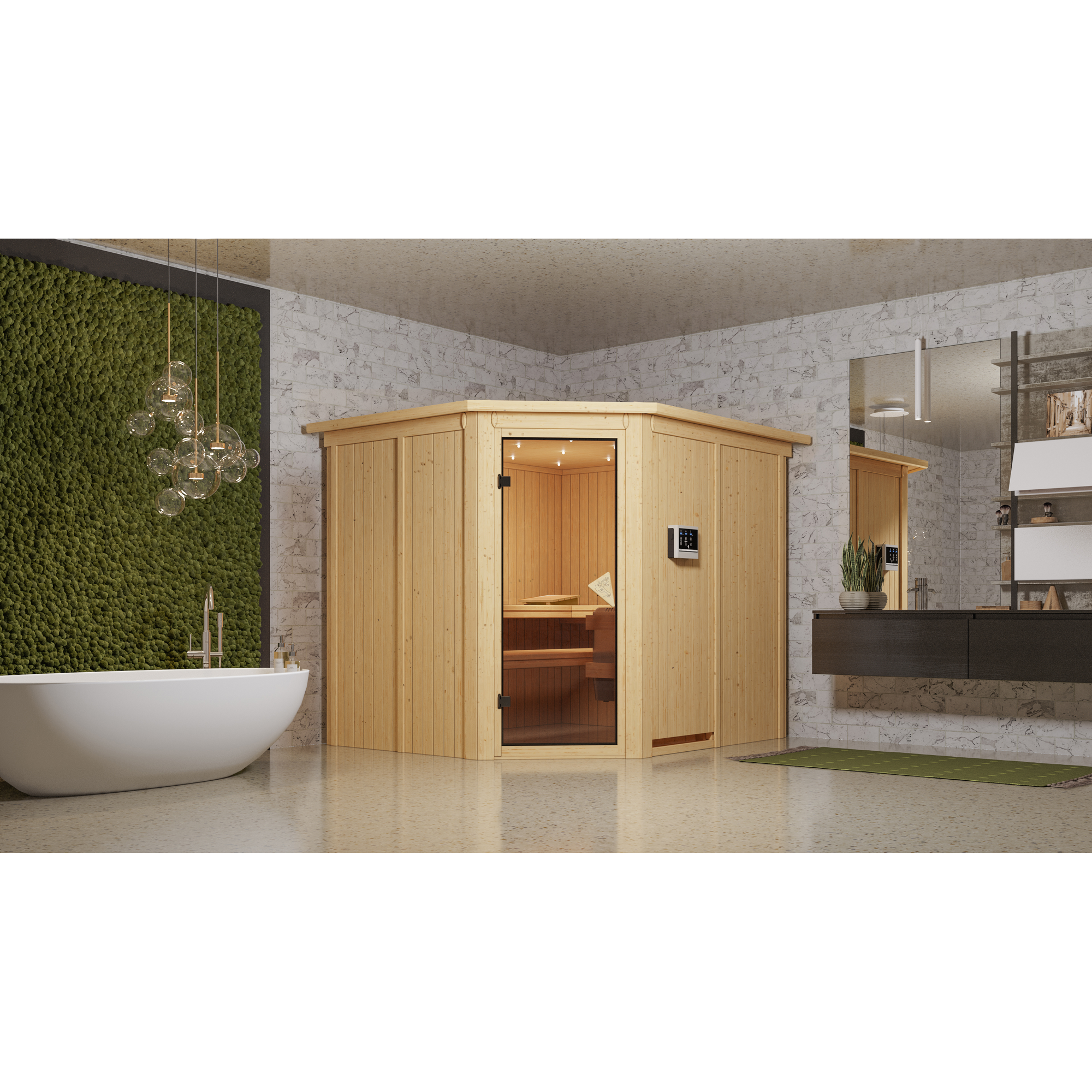 Eck-Sauna aus hellem Holz in einem Badezimmer.