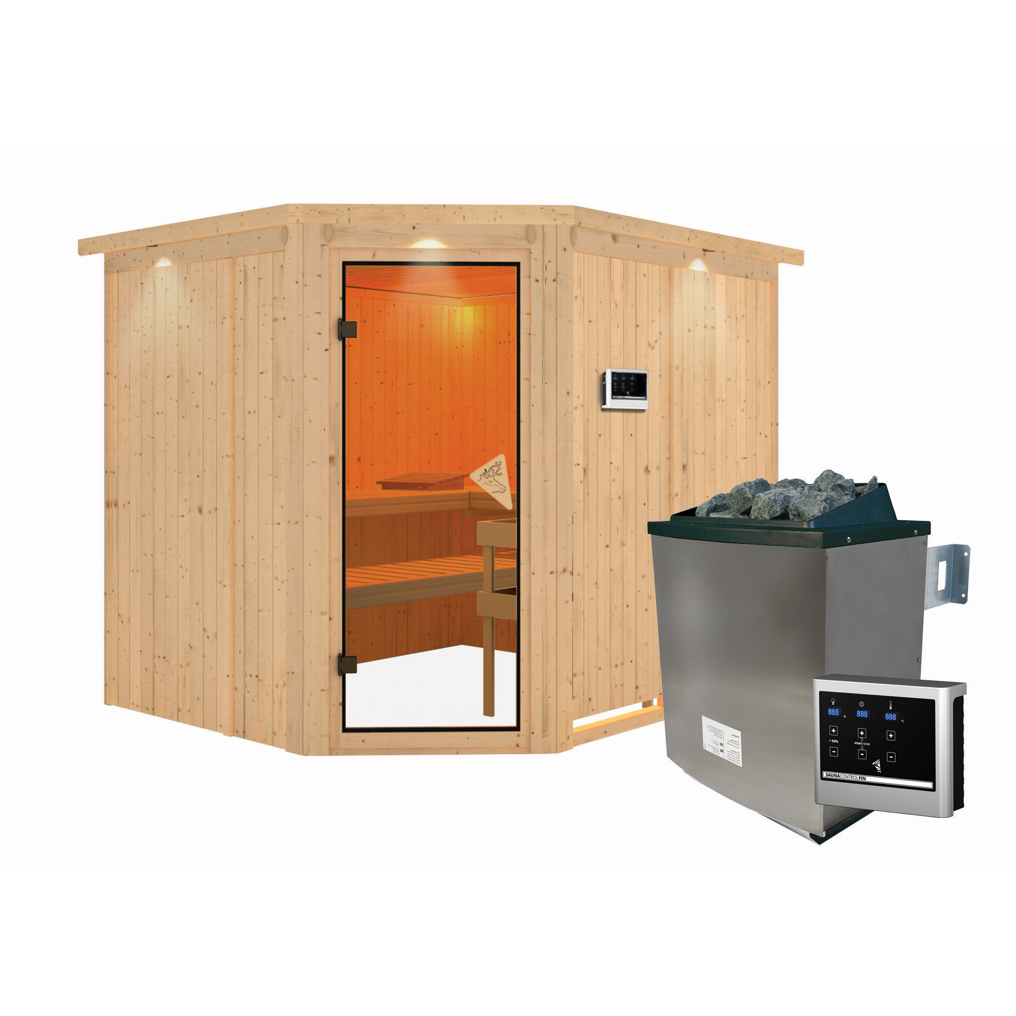 Ecksauna aus Holz mit Saunaofen