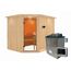 Ecksauna aus Holz mit Saunaofen