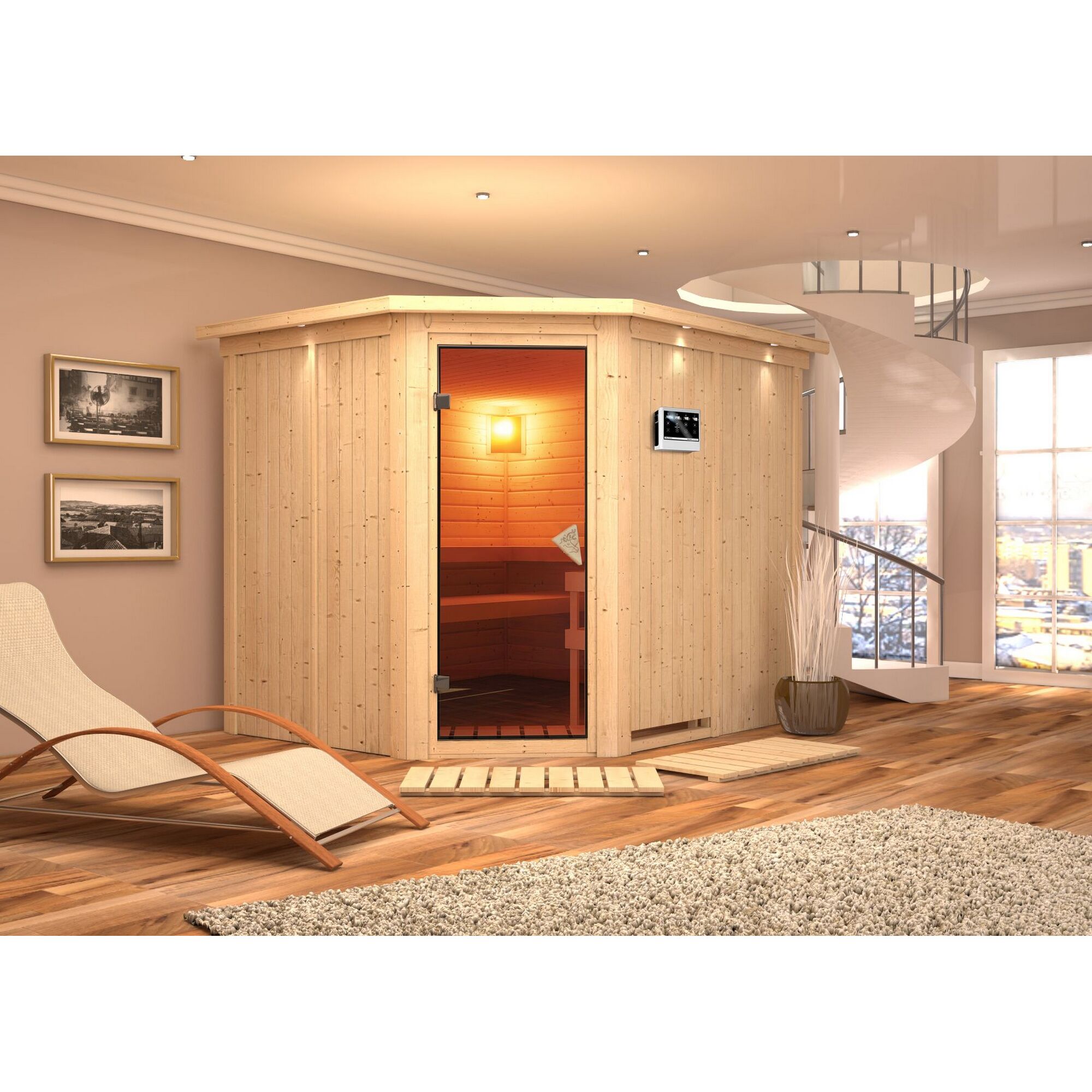 Ecksauna aus hellem Holz in einem modernen Wohnzimmer.