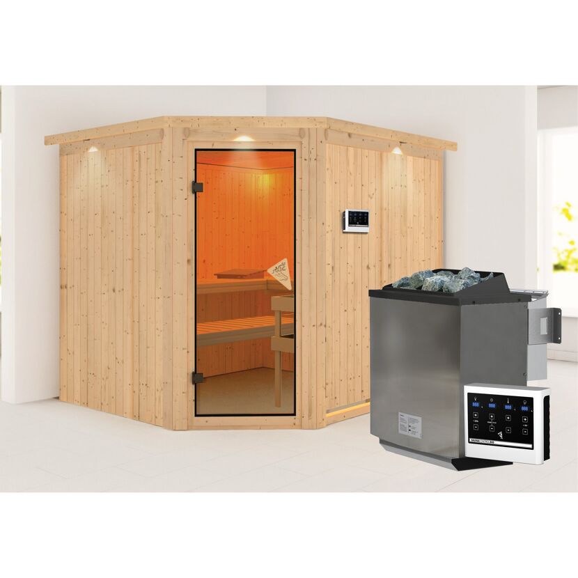 Eck-Sauna aus Holz mit Saunaofen