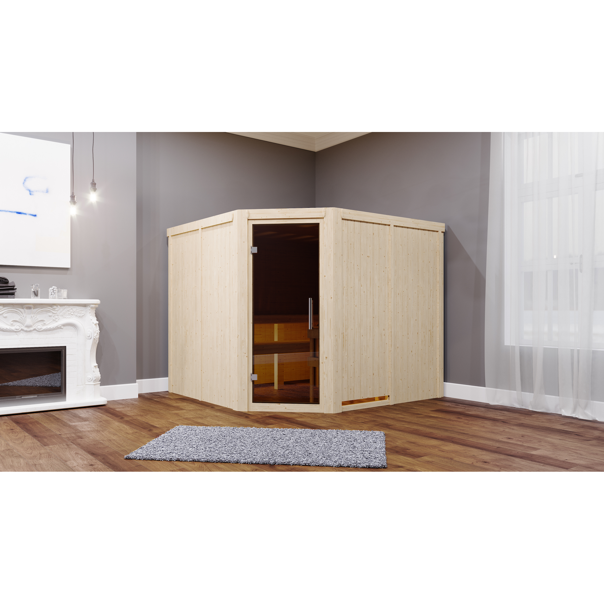 Elementsauna 'Alma' naturbelassen mit graphitfarbener Tür 231 x 196 x 198 cm + product picture