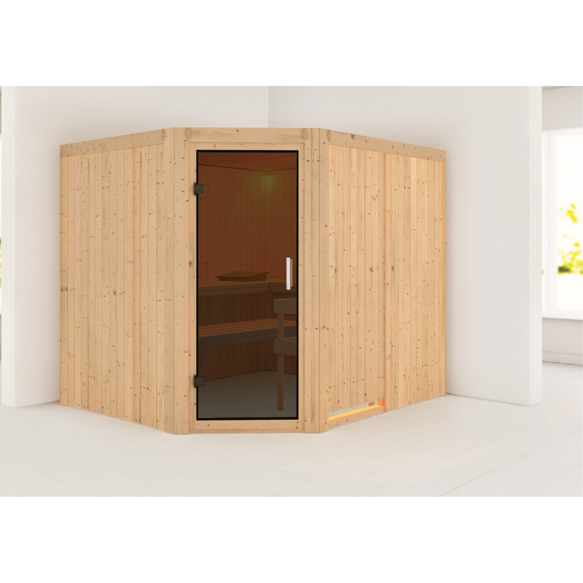 Elementsauna 'Alma' naturbelassen mit graphitfarbener Tür 231 x 196 x 198 cm + product picture