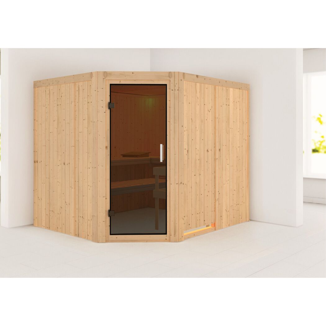 Eck-Sauna aus hellem Holz mit Glastür