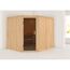 Eck-Sauna aus hellem Holz mit Glastür