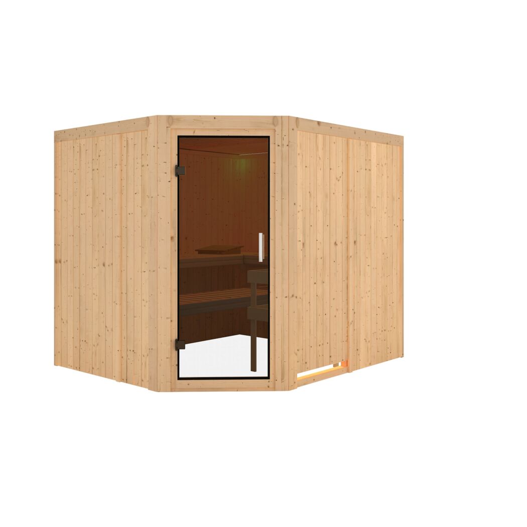 Eck-Sauna aus hellem Holz mit geöffneter Glastür.