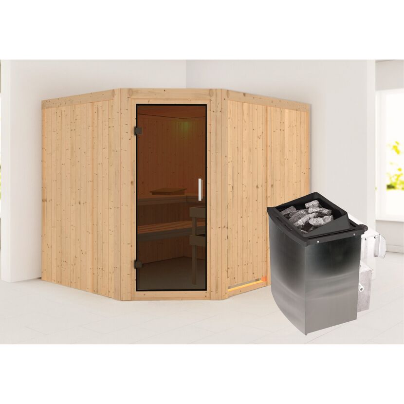 Elementsauna 'Alma' naturbelassen mit graphitfarbener Tür 9 kW Ofen integrierte Steuerung 231 x 196 x 198 cm