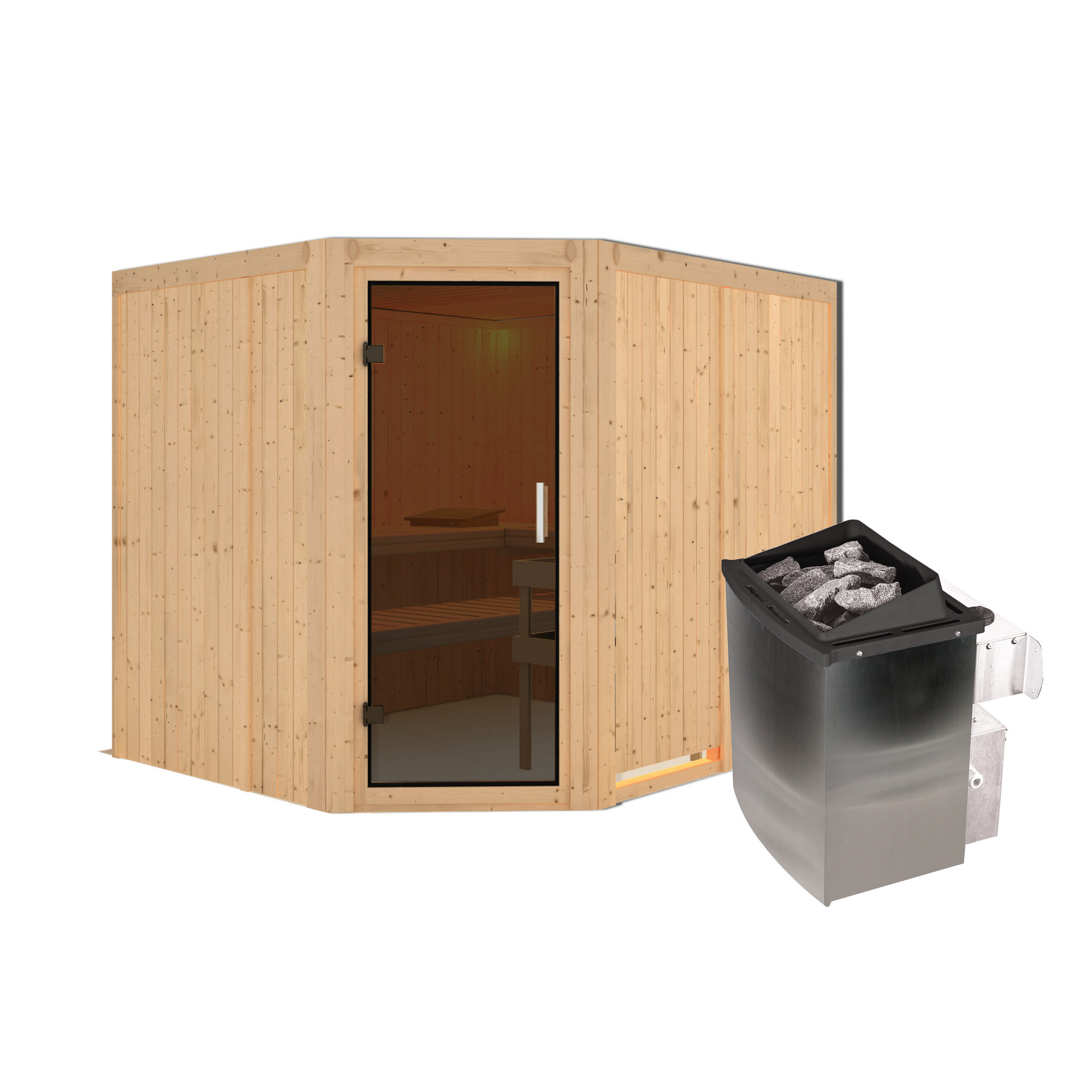 Elementsauna 'Alma' naturbelassen mit graphitfarbener Tür 9 kW Ofen integrierte Steuerung 231 x 196 x 198 cm