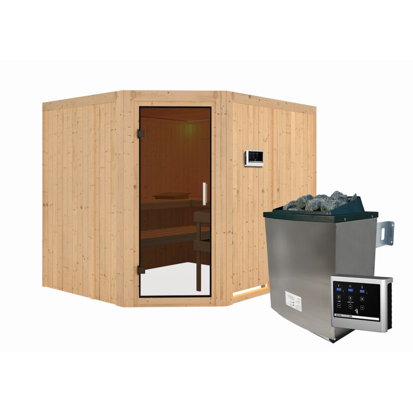 Eck-Sauna aus Holz mit Saunaofen