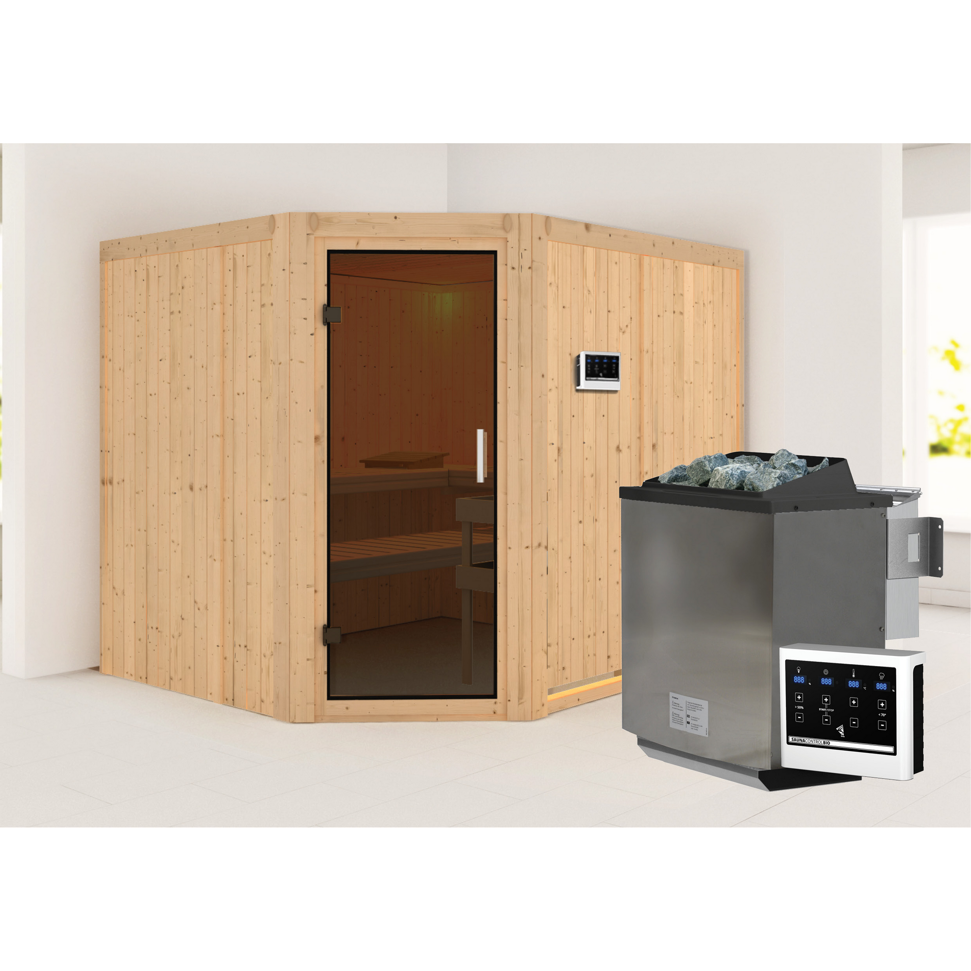 Elementsauna 'Alma' naturbelassen mit graphitfarbener Tür 9 kW Bio-Ofen externe Steuerung Easy 231 x 196 x 198 cm