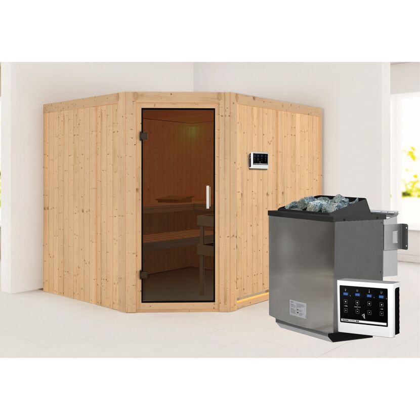 Elementsauna 'Alma' naturbelassen mit graphitfarbener Tür 9 kW Bio-Ofen externe Steuerung Easy 231 x 196 x 198 cm