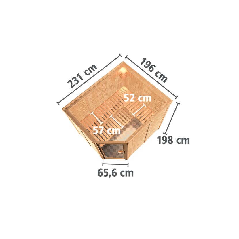 Elementsauna 'Alma' naturbelassen mit graphitfarbener Tür 9 kW Bio-Ofen externe Steuerung Easy 231 x 196 x 198 cm